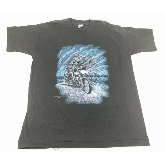 Fruit of the Loom Other - Vintage 90’s Conquer The Highway Black‎ Biker T Shirt Single Stitch Tee Size XL